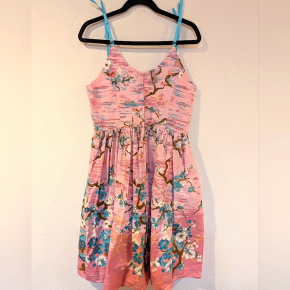 Hell Bunny Jenna Japanese Pink & Blue Cherry Blossom Fit & Flare Dress Sz Large - Picture 8 of 9